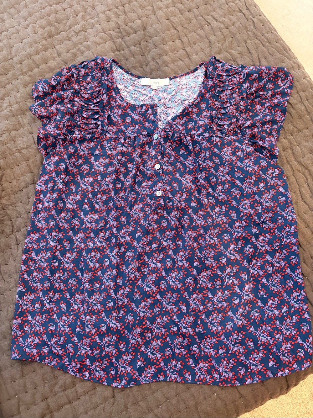 LOFT Navy Floral Cap-Sleeve Button Front Blouse